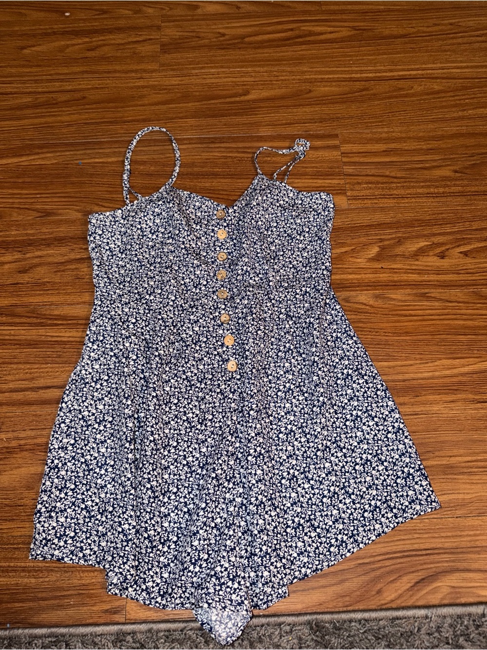 Floral Navy Button-Front Romper with Spaghetti Straps